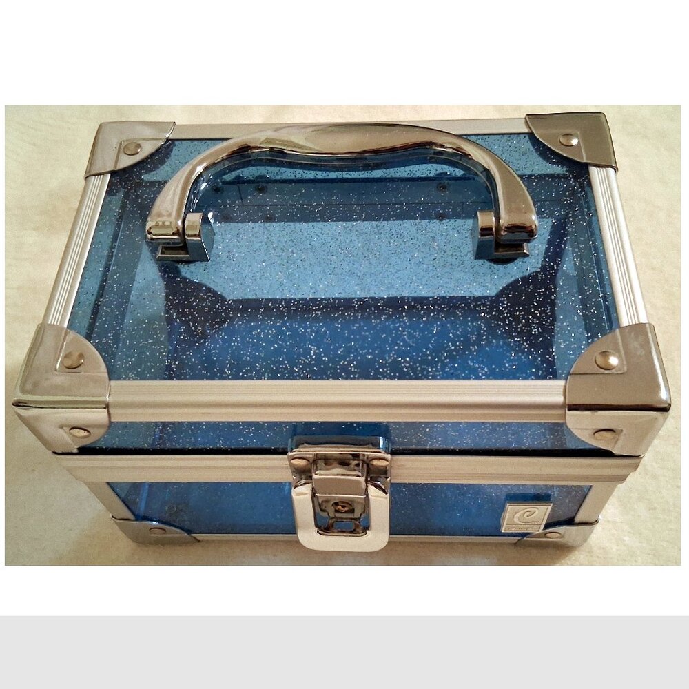 Storage Box, Blue Glitter Design, 7" x 4.5" x 4.5", Vintage Caboodles